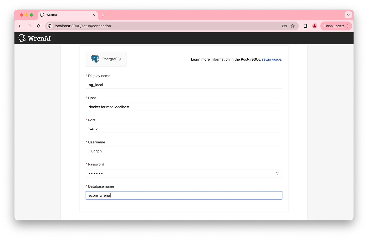 Filling out the PostgreSQL connection information