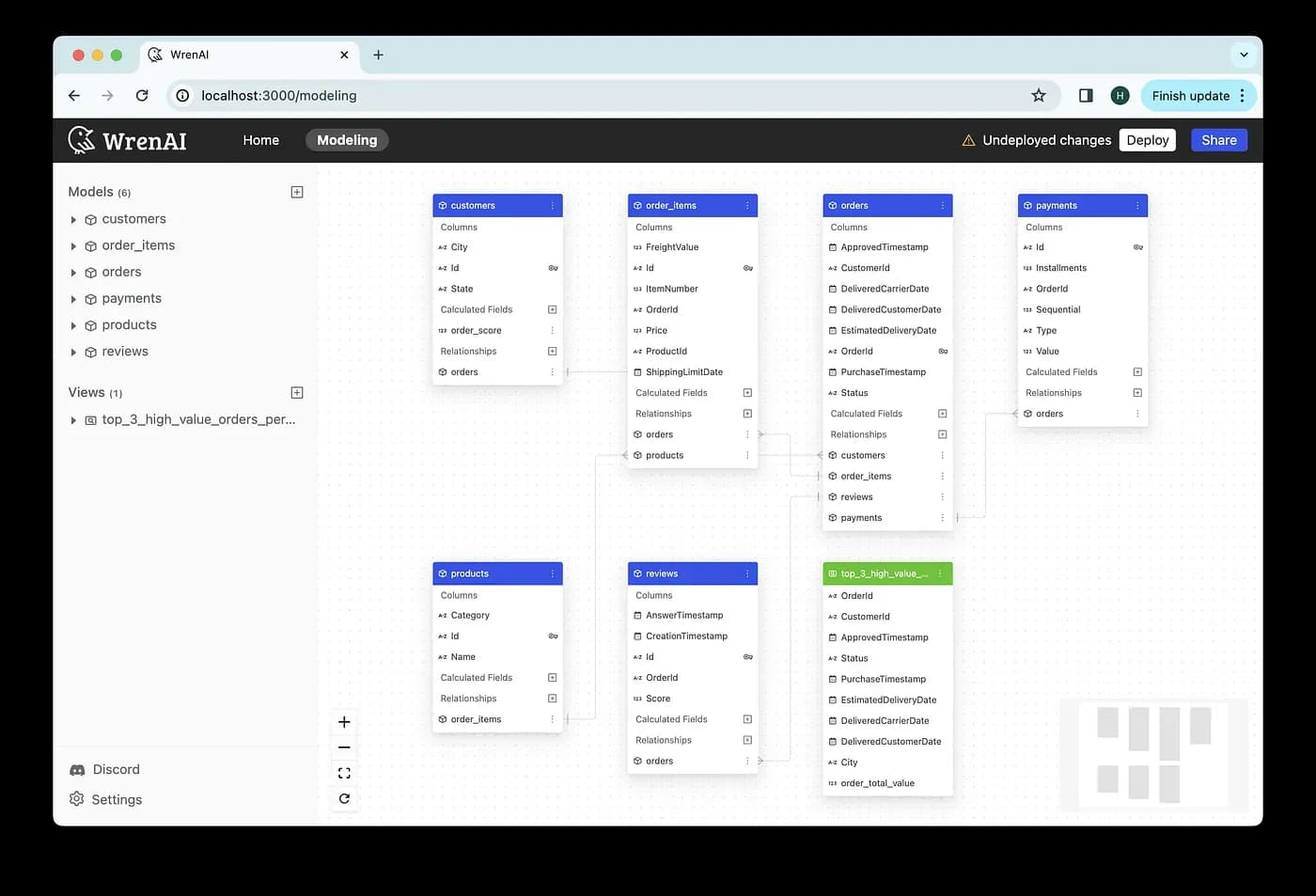 Modeling data models and relationships in the Wren UI