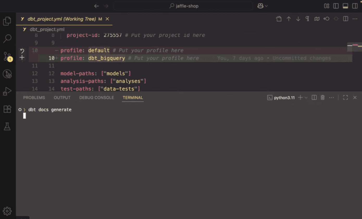 Running dbt docs generate to produce the catalog.json metadata