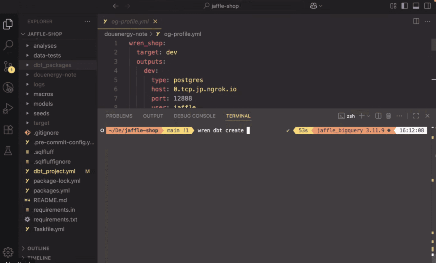 Linking a dbt project to Wren AI with the wren dbt create command