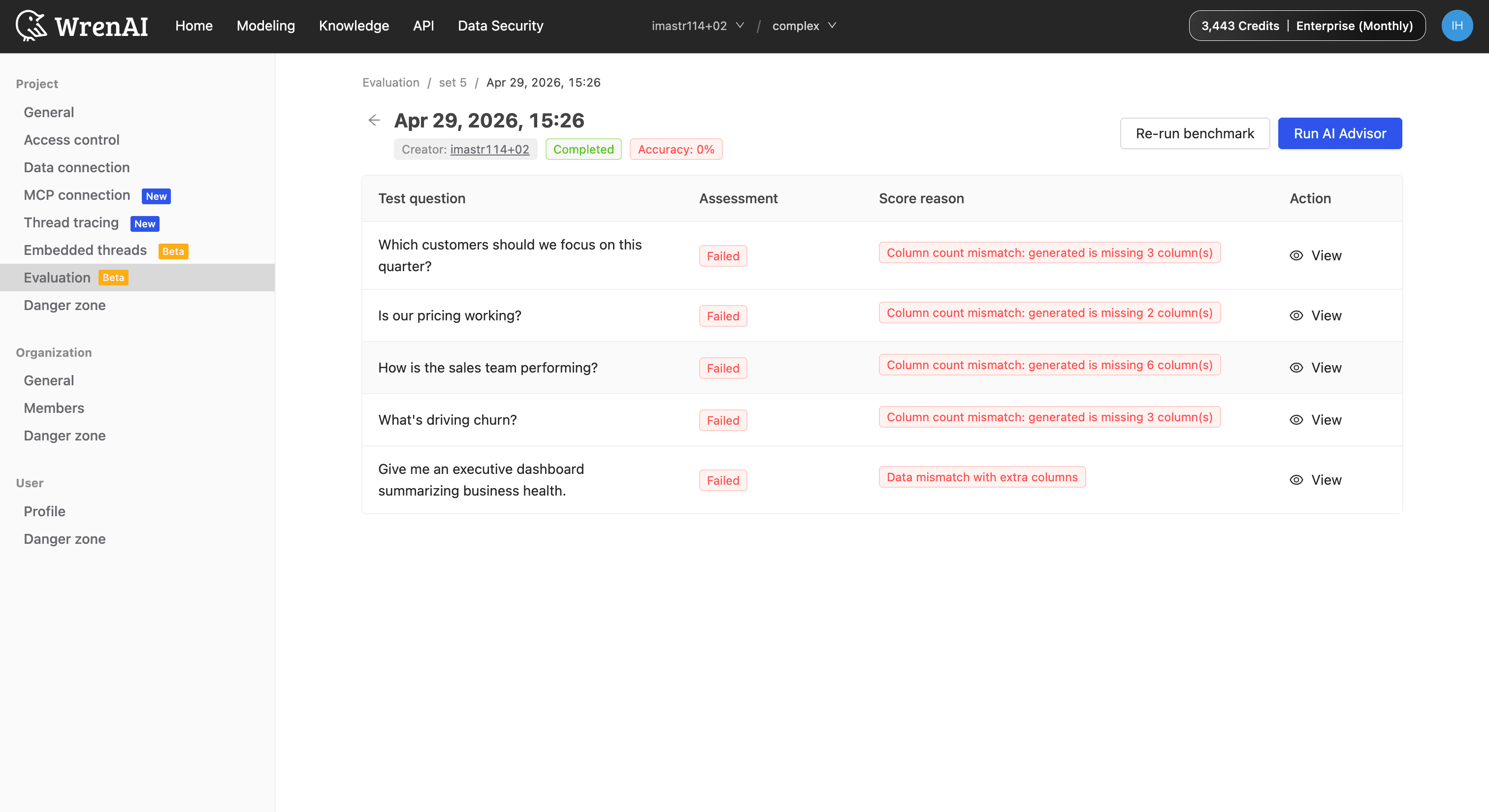 A benchmark run scoring the agent against known-correct questions