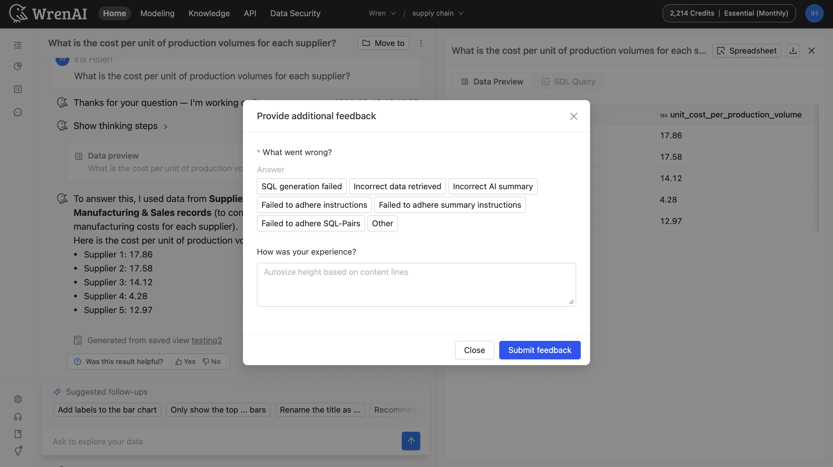 Giving structured feedback on an answer