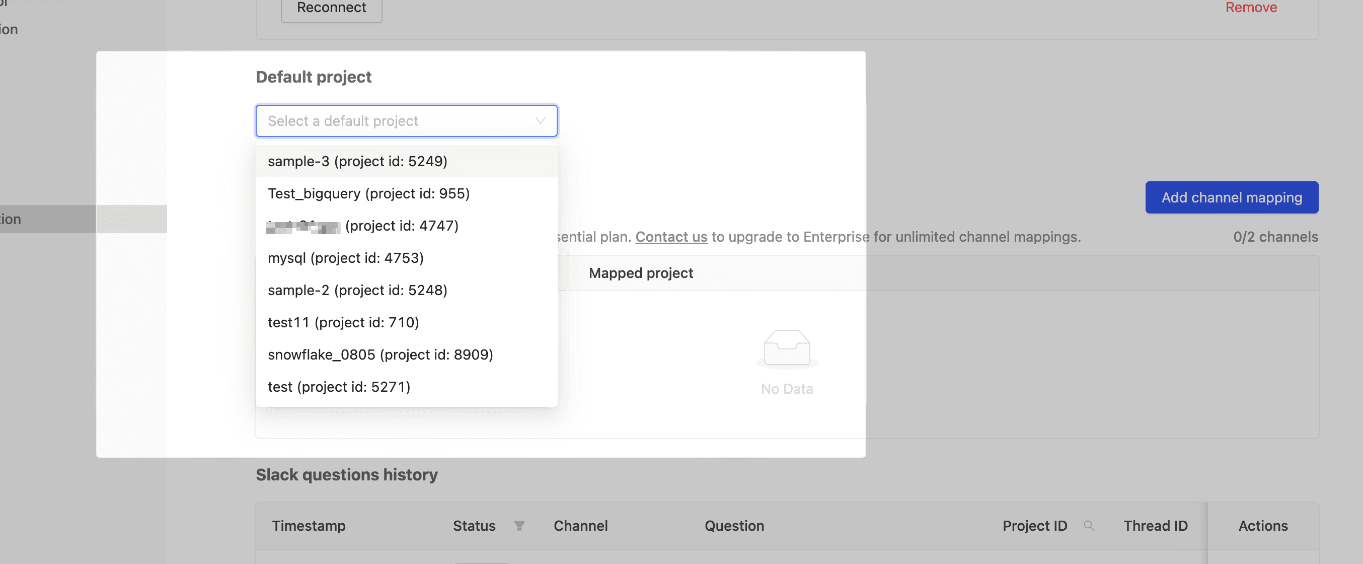 Selecting a default project for unmapped channels