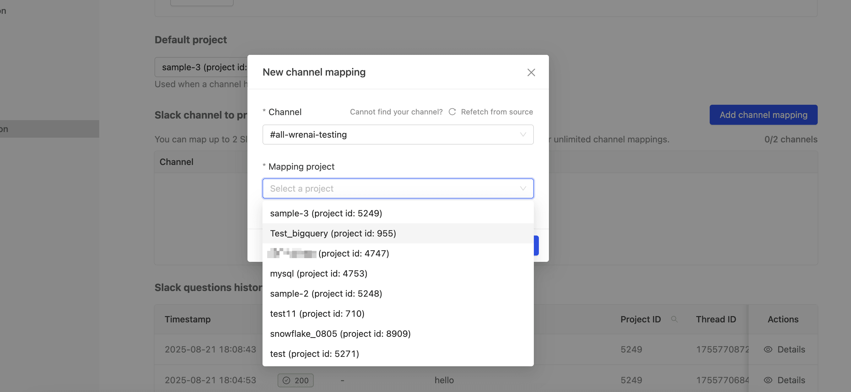 Mapping a Slack channel to a Wren AI project
