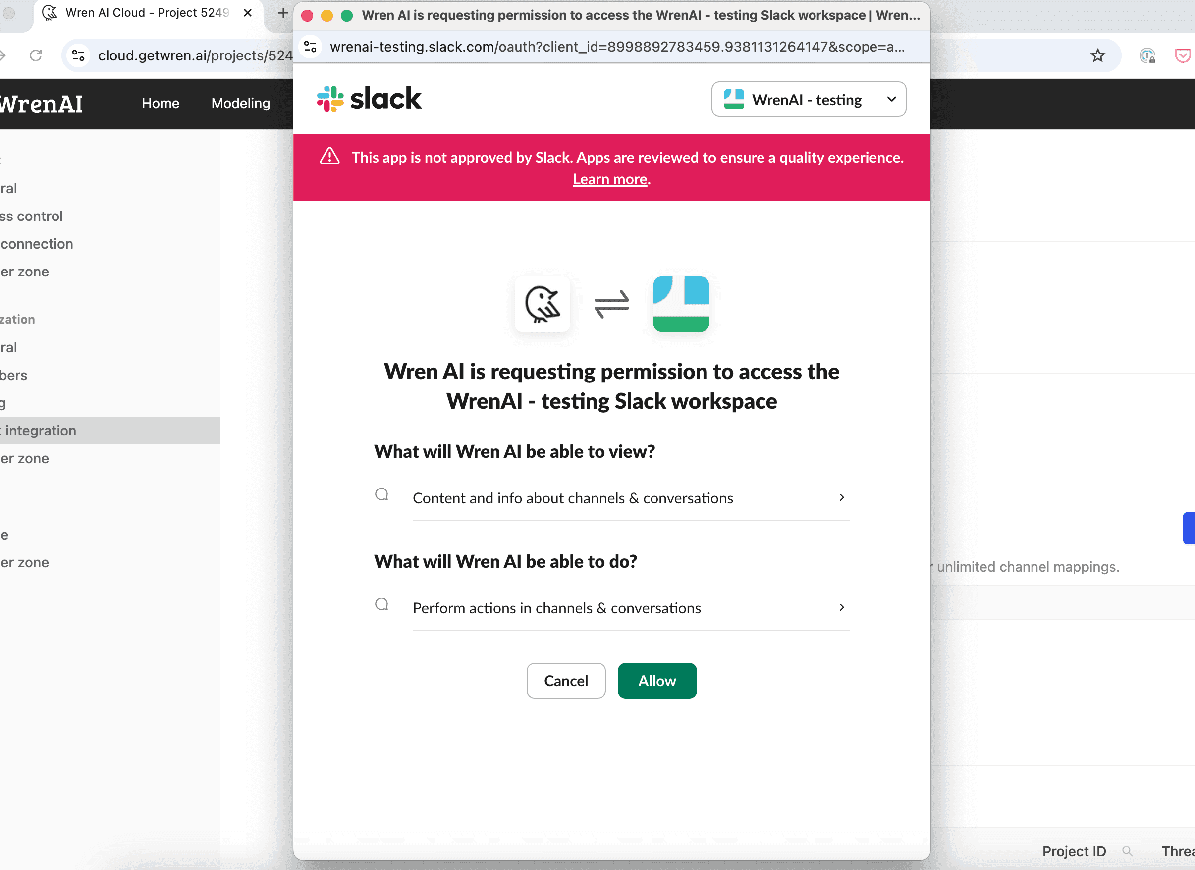 Authorizing Wren AI to access your Slack workspace
