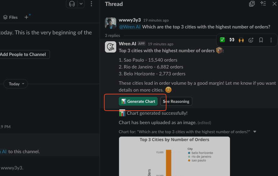 Wren AI answers in a thread and generates a chart