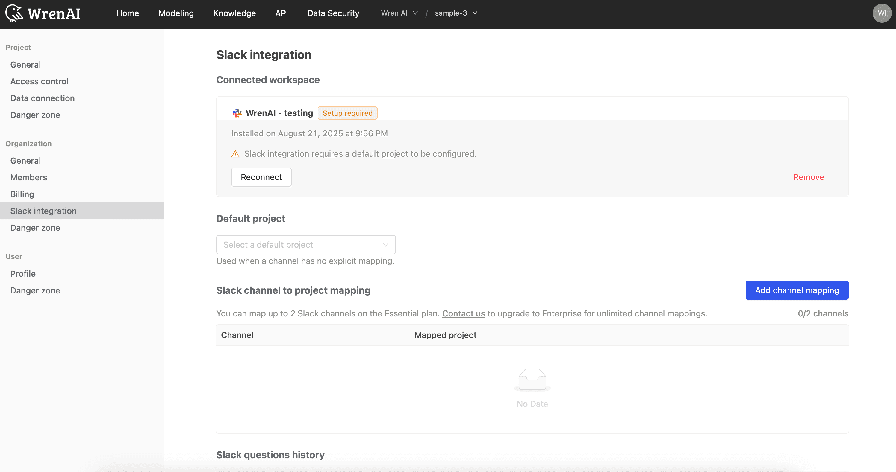 The connected Slack workspace shown on the integration page