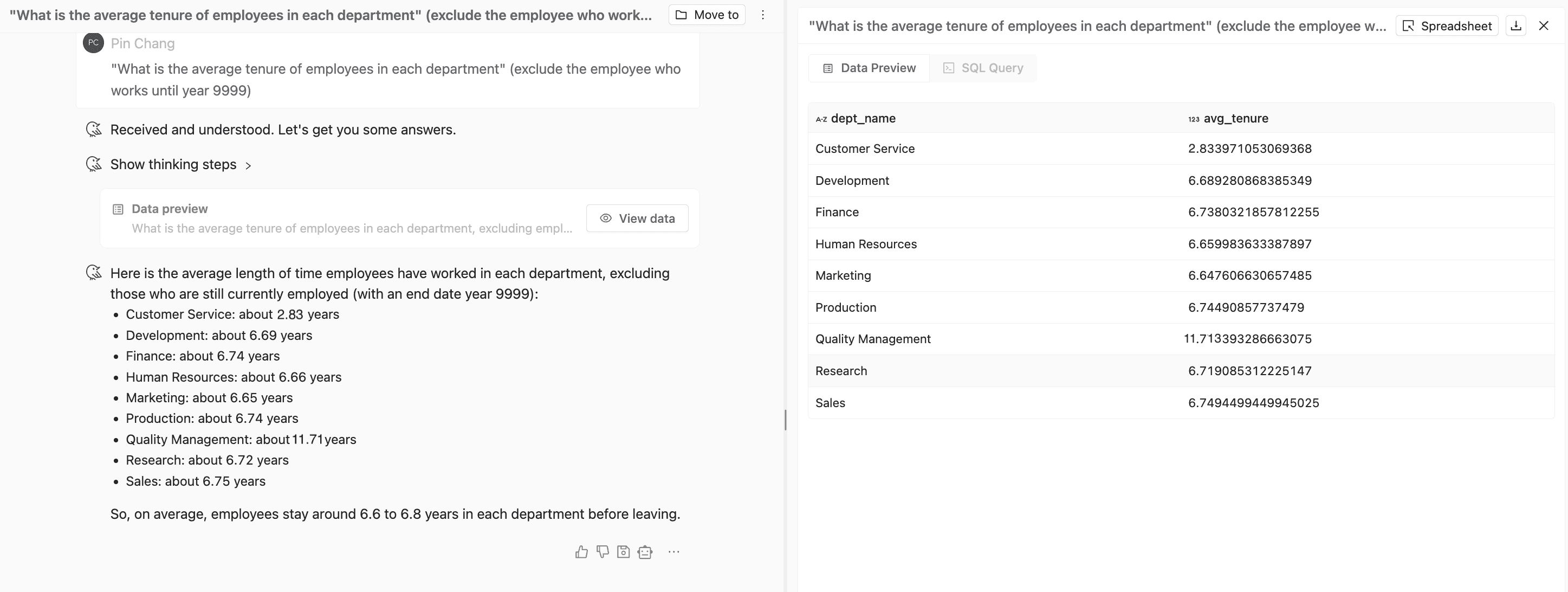 Average employee tenure by department, calculated in one question
