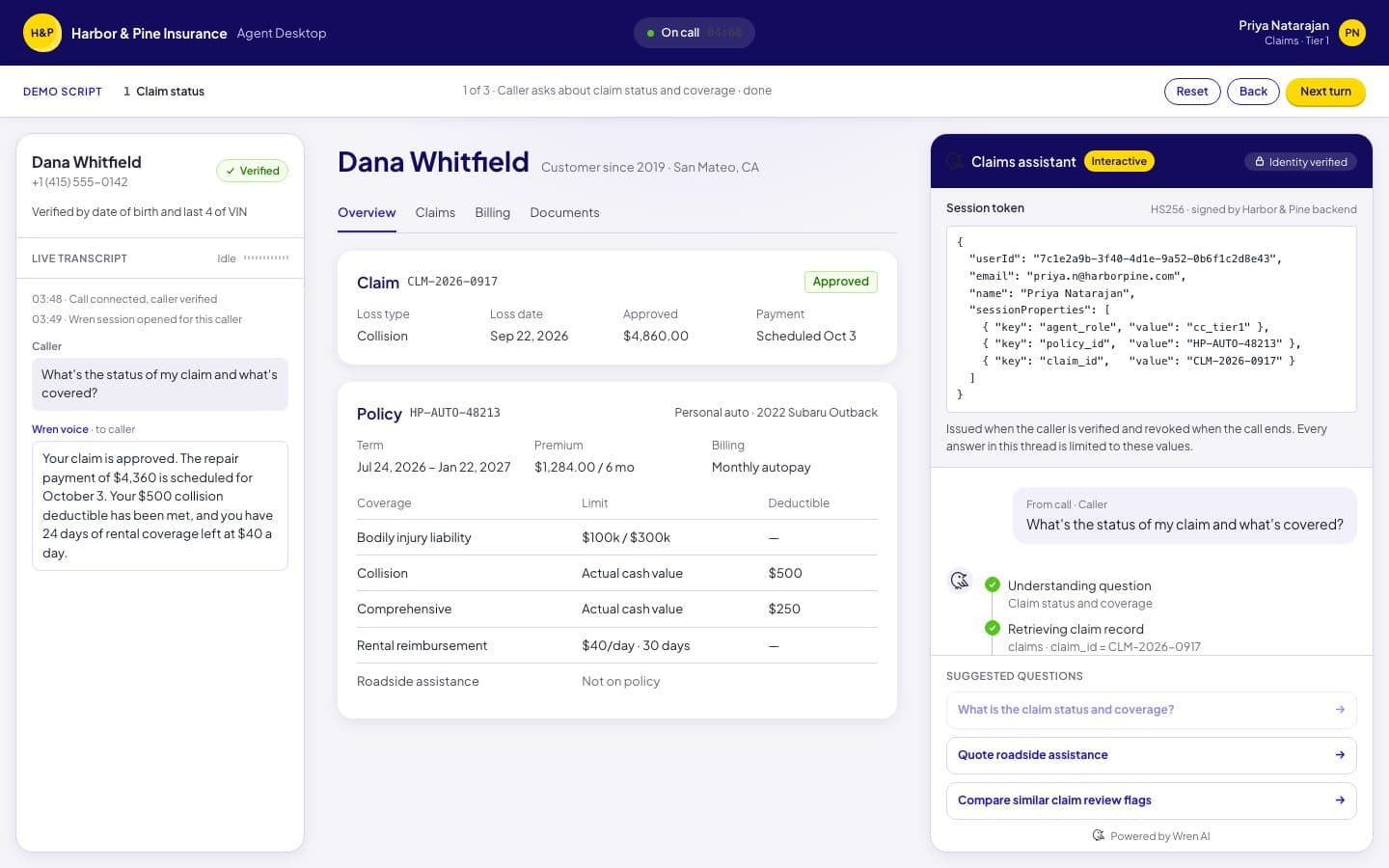 Insurance agent desktop with the Wren AI claims assistant scoped to the verified caller's policy and claim