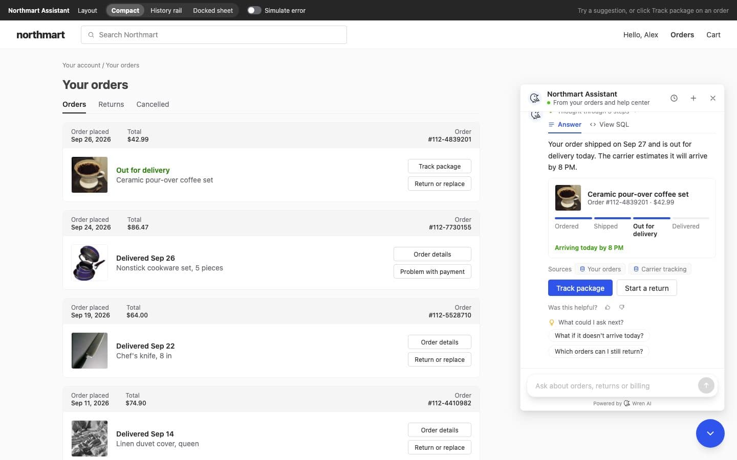 Northmart storefront with the Wren AI support widget answering a customer's order question